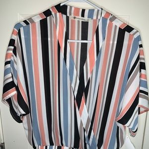 Striped deep-V blouse with string/bow